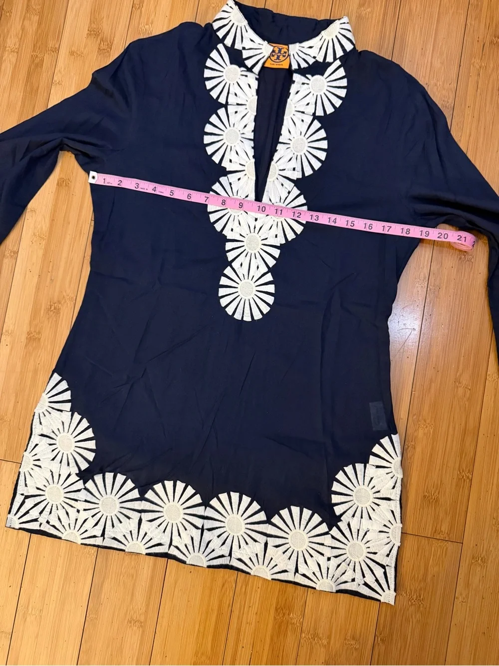 Tory Burch Navy Tunic Top Embroidered Trim Size 12
